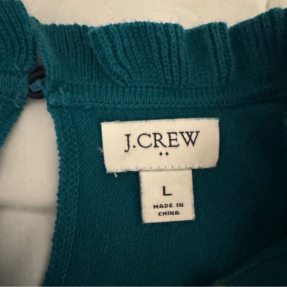 J. Crew Women’s Large Teal Ruffle Neck Cotton Sweater Keyhole Back Long Sleeve L - Picture 3 of 6